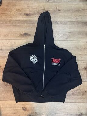 Darc Sport Black Zip-Up Hoodie with White Wolf Patch and Red Logo
